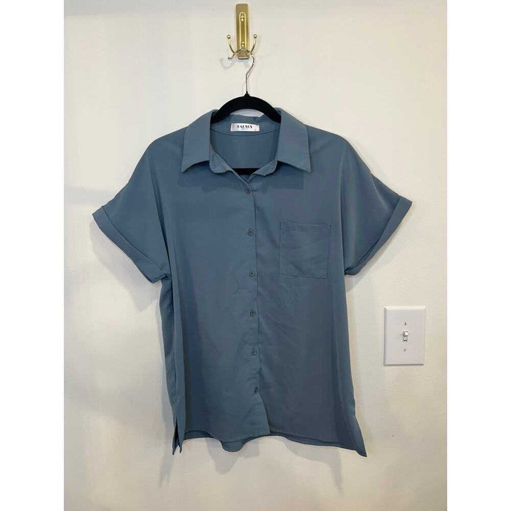 Pausus Blue Button Down Blouse Minimalist Workwear Office Chic Lightweight Small